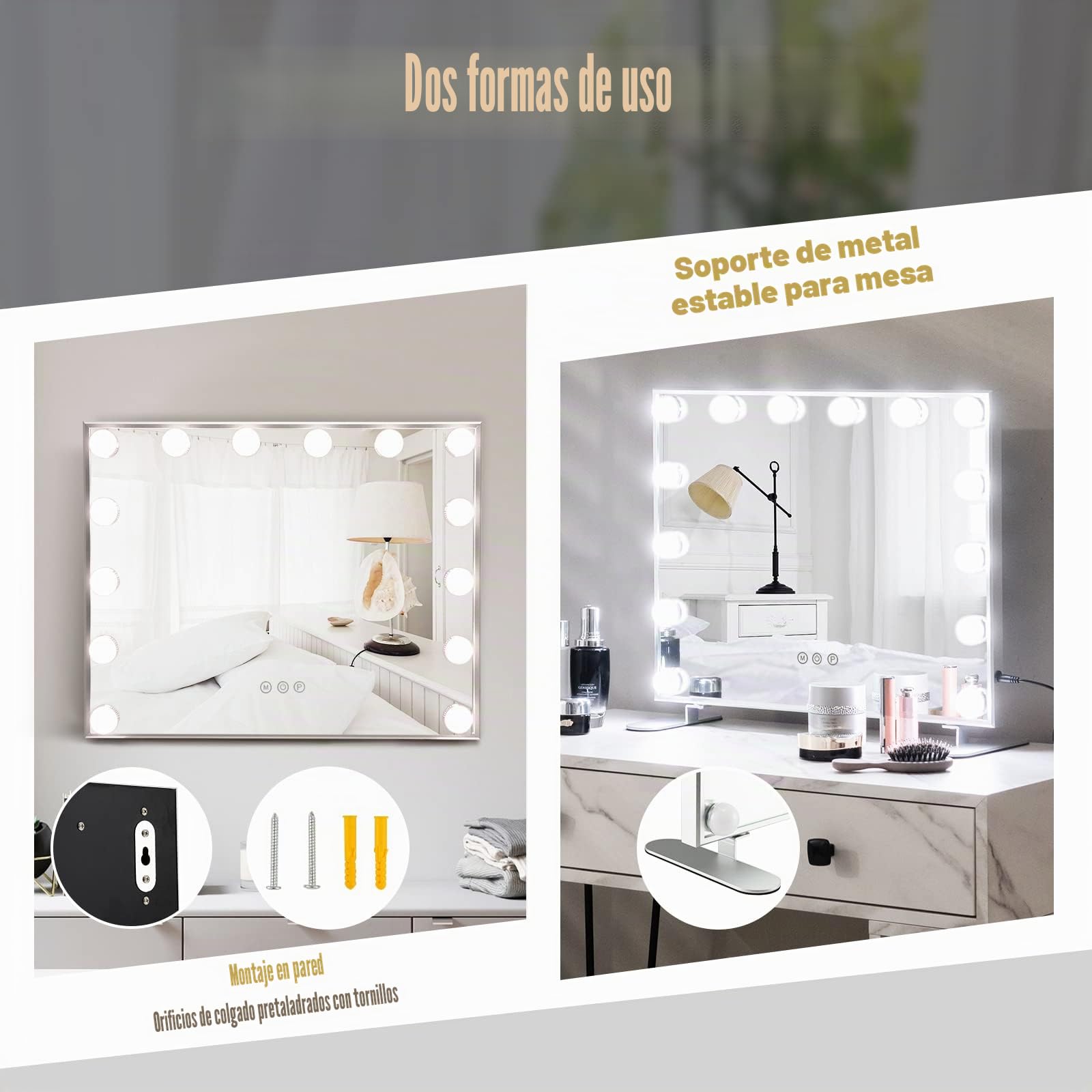 GOPLUS Espejo de Maquillaje Con 14 Luces LED, Hollywood 3 Colores de Luz, 2 en 1 de Pared Con Soporte de Metal, Cosmético Con Táctil Inteligente, 50 x 18 x 43 cm