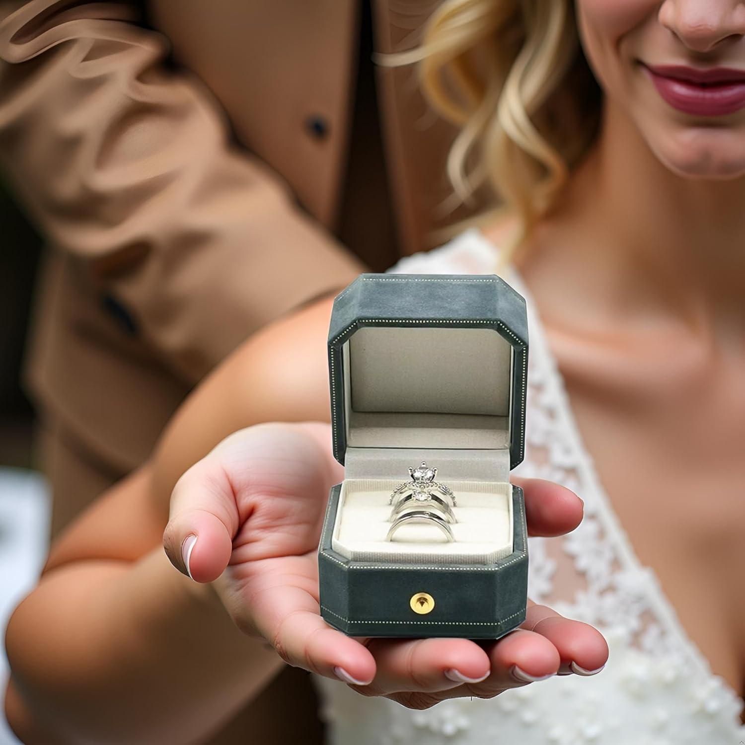 Velvet Wedding Ring Box - Octagon 3 Slots Engagement Ring Boxes with Hinged Lid for Proposal Engagement Wedding, Proposal Ring Box with Gold Lace-PRB003-Lake Blue - Image 7
