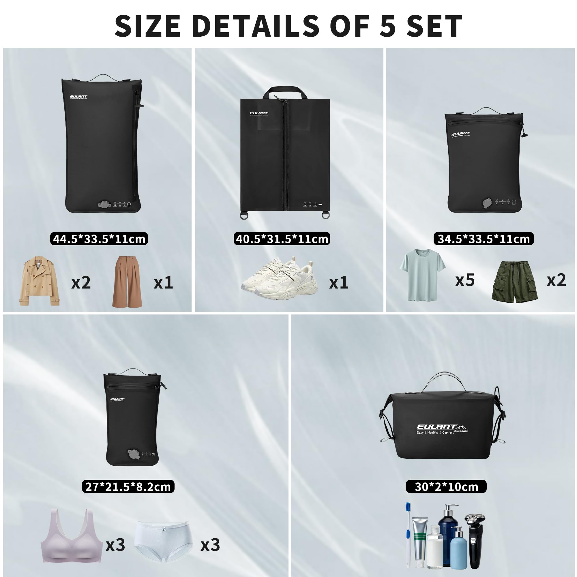 EULANT Kompresyjny zestaw kostek do walizki, 3 sztuki wodoodpornych worków próżniowych + 1 torba na buty + 1 wodoodporna torba do prania, organizer podróżny do bagażu podręcznego, hermetyczny zamek