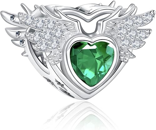 NINGAN Dijes de piedra natal para pulsera, alas de ángel de plata de ley 925, dije de corazón de amor, regalo de joyería de cumpleaños y Navidad