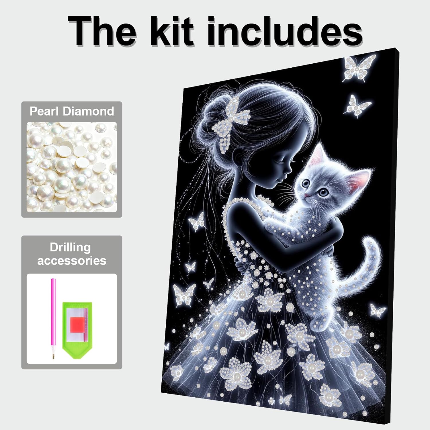 DIY Pearl Painting Kit with Wooden Frame, 3D Plastic Pearl Art Diamond Art Kits for Adults, Ready-to-Hang Home Decor, Gift for Women Beginners(Girl and Cat)(30 * 40cm)