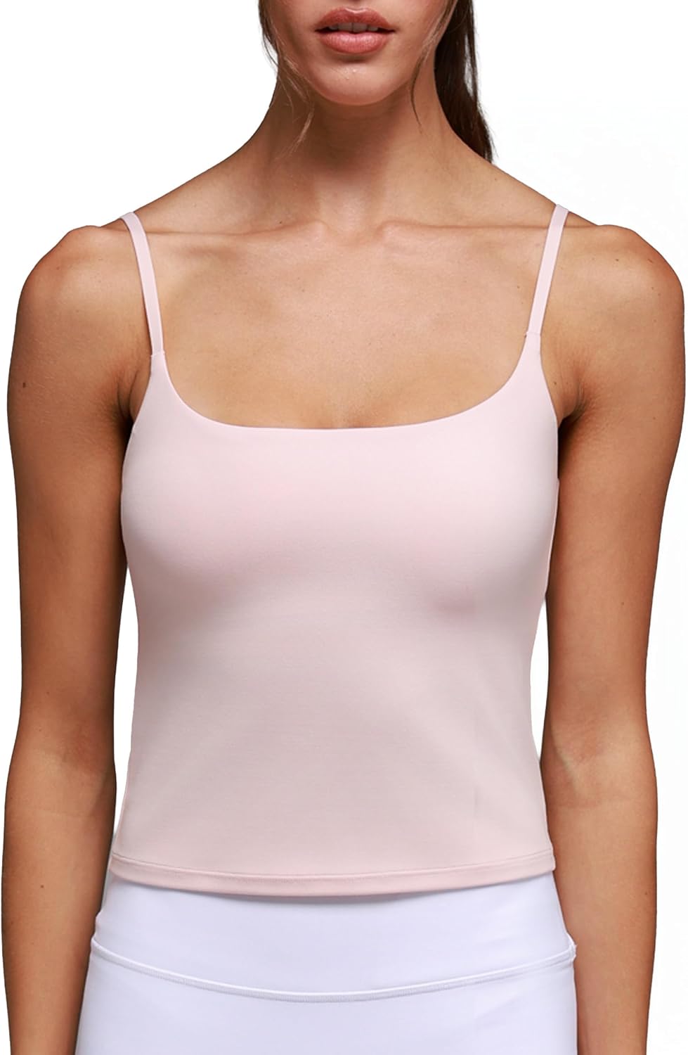 Cami Tank Top with Built in Bra for Women - Scoop Neck Longline Sports Bras Adjustable Spaghetti Straps Camisole