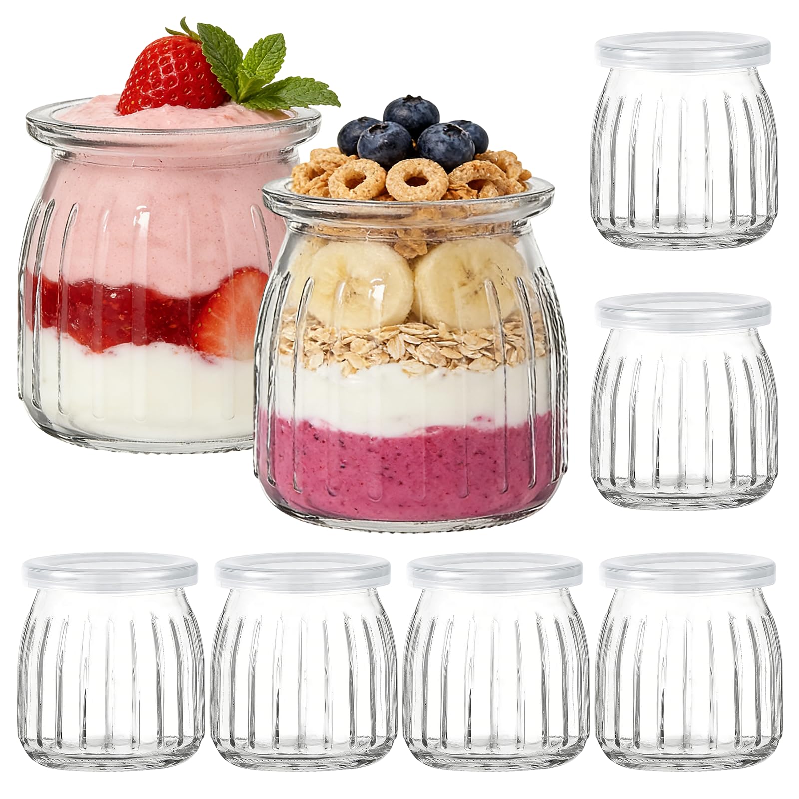 6 Pcs 200ml Yogurt Glass Storage Jars, Mini Cup Small Glass Bottles Storage Jars, Clear Glass Pudding Jars with Plastic Lids, Dessert Cups for Homemade Yoghurt, Pudding, Jam, Spice Storage, Honey