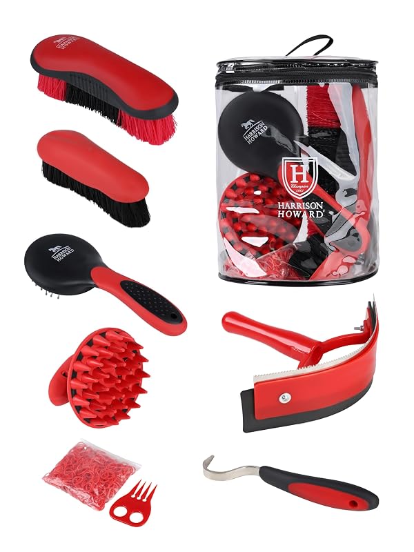 Kit de escovas para cavalos Harrison Howard com pente curry, limpador de cascos, raspador de suor e bolsa Red – 7 peças