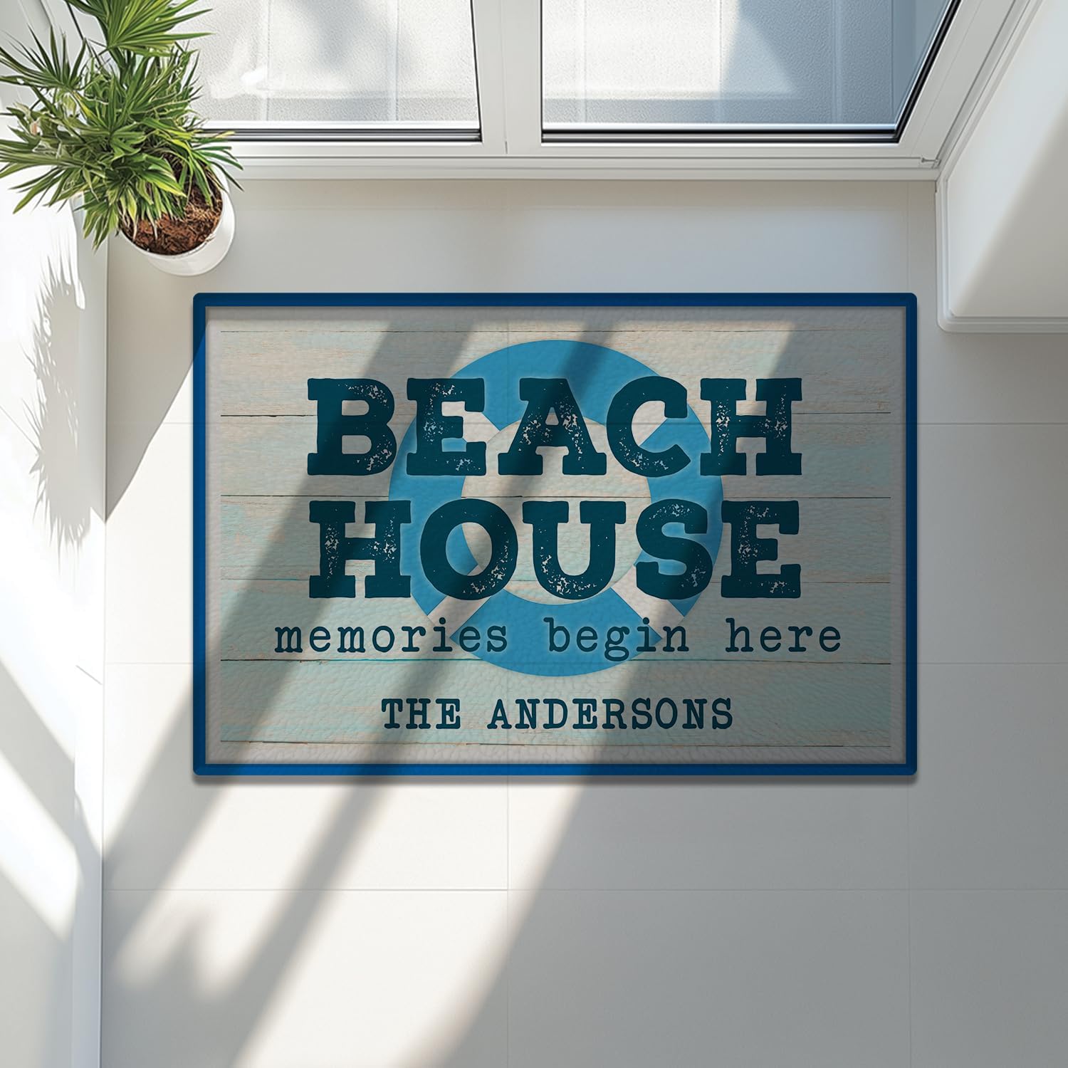 Personalized Non-Slip Beach House Doormat – Custom Family Name Outdoor Welcome Mat with Rustic Wood Background, Nautical Shells and Sunshine Accents – Front Porch Entry Rug for Coastal Summer Décor