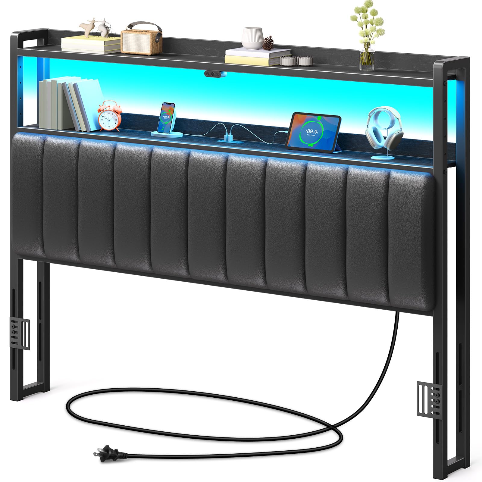 Rolanstar Headboard for Queen Size Bed with Storage, 60,000 DIY Color of LED Light, Head Board with USB, Type C Port, Height Adjustable, Black