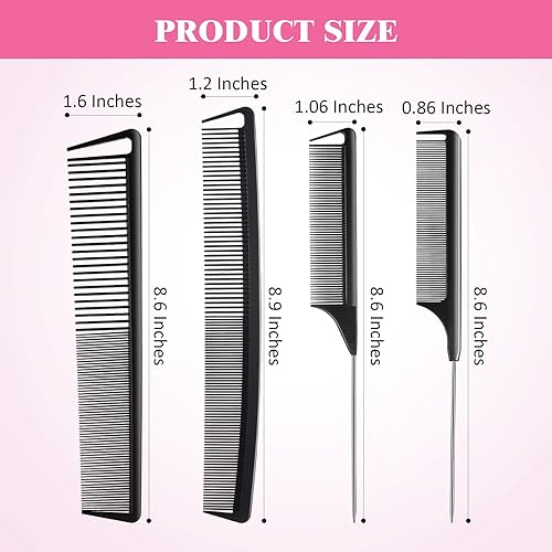 Miniatura 3 de Patelai Juego de 8 peines de cola de rata para mujer, juego de peines de dientes finos y anchos, fibra de carbono, corte y cola de pintail,