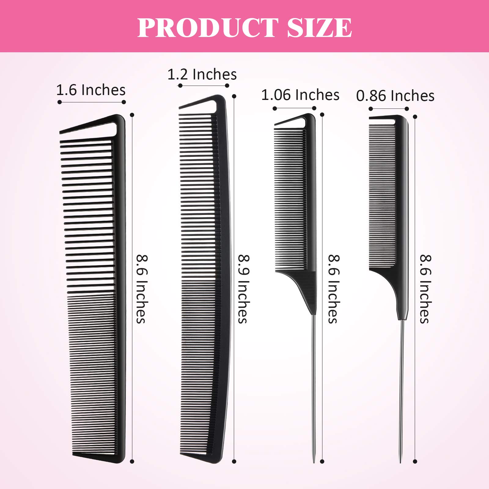 Juego de 8 peines de cola de rata para mujer, juego de peines de dientes finos y anchos, fibra de carbono, corte y cola de pintail, suministros de peluquería para trenzas, salón de belleza 3