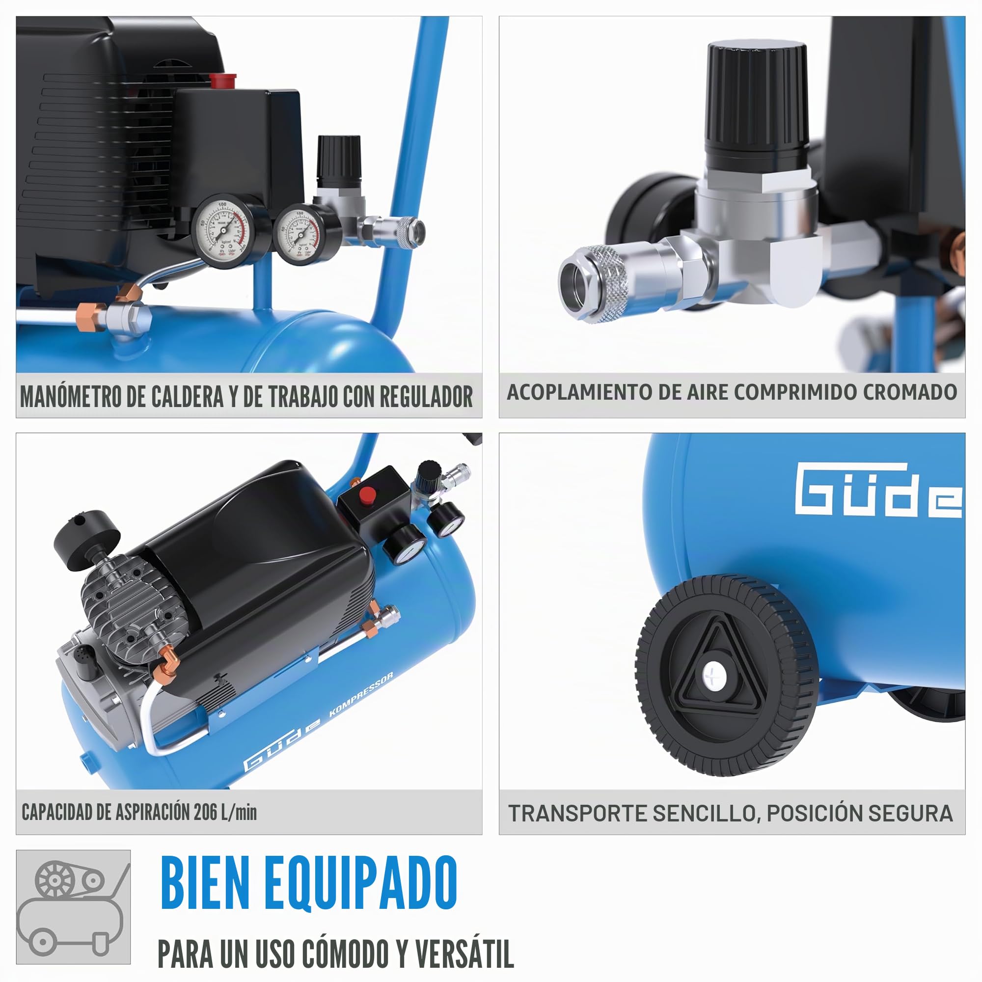 Güde Compresor 231/10/24 (lubricado con aceite, máx. 10 bar, 1500 W, caldera 24 l, potencia de aspiración 206 l/min, reductor de presión, 2 x manómetros, válvula de seguridad, tapón de drenaje de