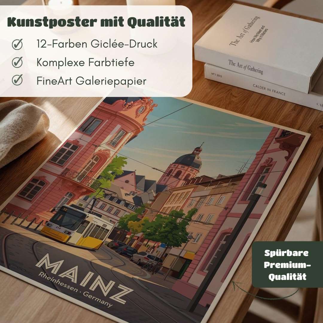 MJ-GRAPHICS® Kunstdruck Mainz Rheinhessen Tram Wandbild Architektur Stadt Pastellfarben Wohnzimmer Deko klassisch urban Fine Art Poster Straßenszene A2 mit beigem Rahmen