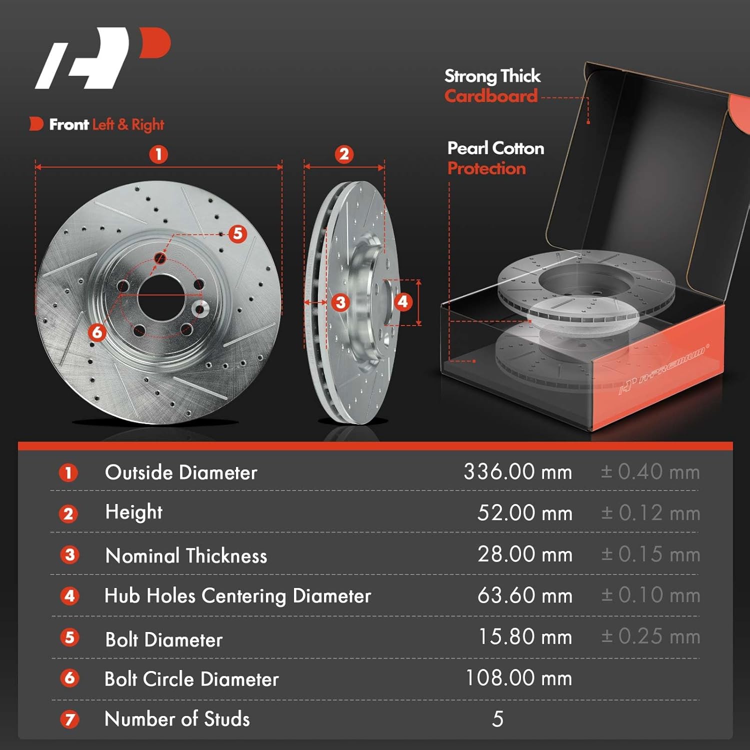 A-Premium 13.23 in (336 mm) Front Drilled and Slotted Disc Brake Rotors + Ceramic Pads Kit Compatible with Select Volvo Models - S60 2013-2018, XC70 2008-2016, S80 2007-2016, V60, V70, 6-PC Set