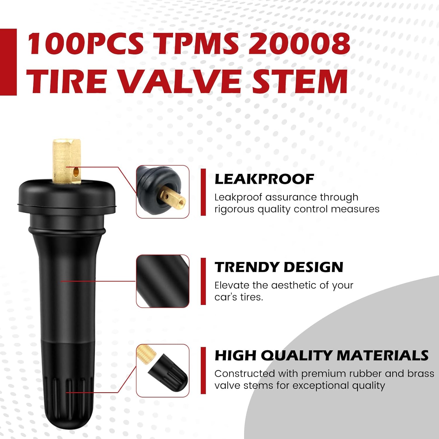 100PCS TPMS 20008 Snap-in Rubber Tire Valve Stems with Red Wrench, TPMS Sensor Valve Stem Kit Compatible with Ford GMC Chevy Subaru Dodge, Replaces 17-20008 20018