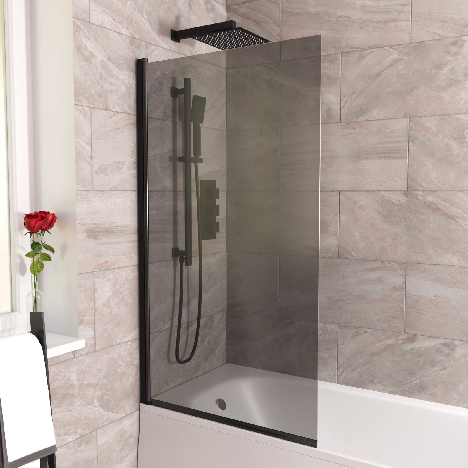 Nes Home 800mm Square Bath Screen - Matt Black Profile - Grey Tinted Glass - Reversible