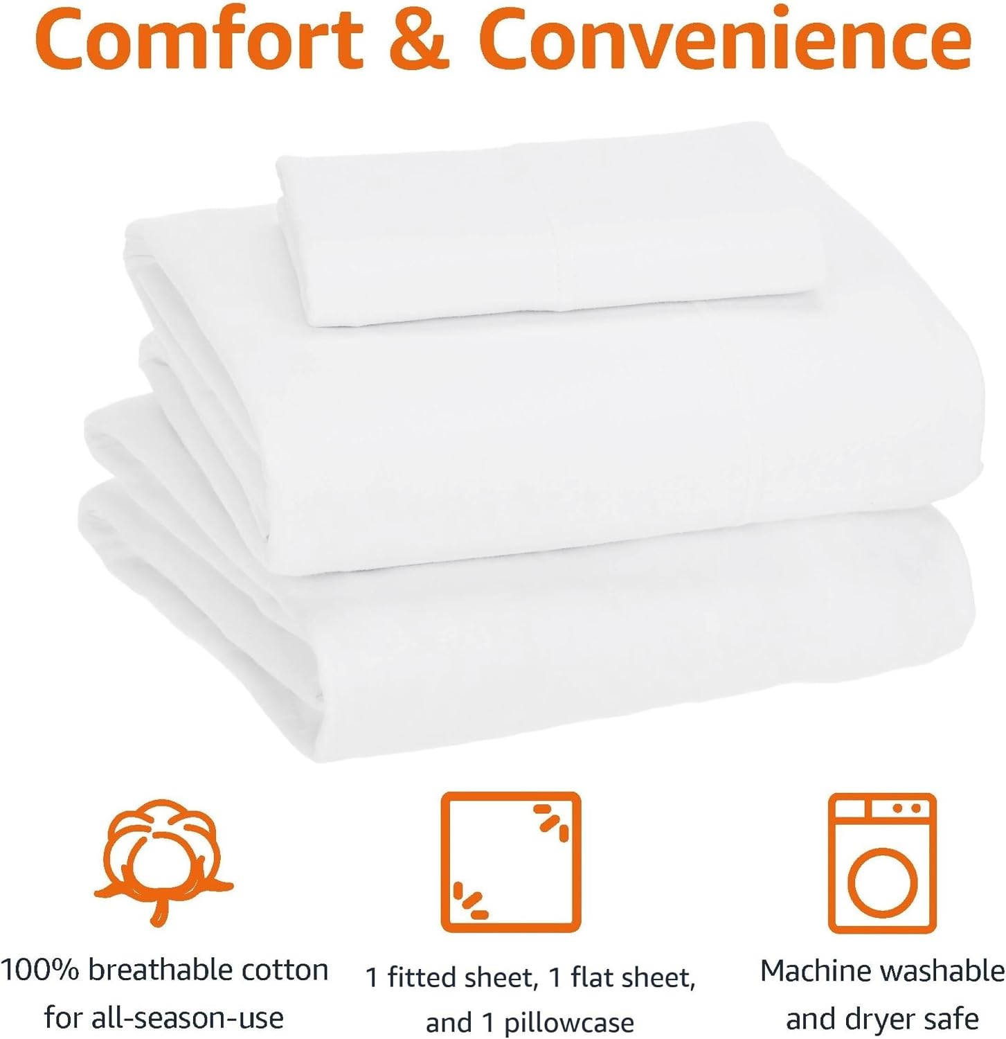 Amazon Basics 3 Piece Bed Sheets Set, 100% Cotton Jersey, Includes Super Soft, Flat and Fitted Sheets, Pillowcase, Toddler, White, Solid