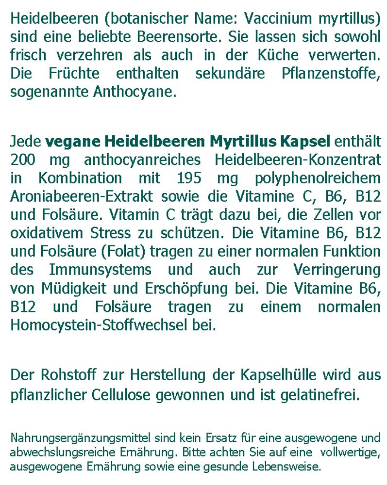Heidelbeeren Myrtillus vegane Kapseln 200 Stk. mit Blaubeeren-Konzentrat, Aroniabeeren-Extrakt und Vitaminen C, B6, B12 und Folsäure