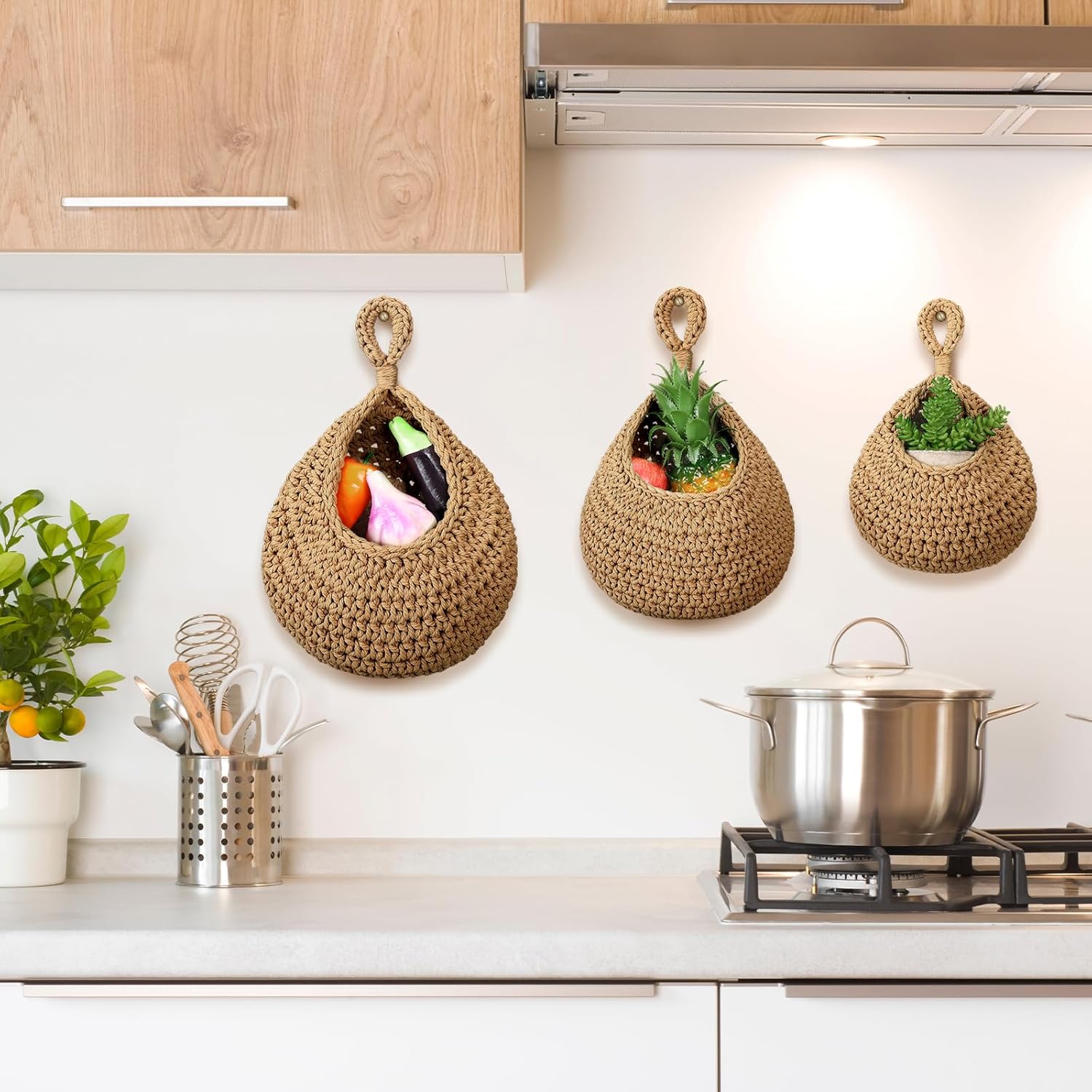 Windyun 4 Pcs Hanging Fruit Basket Teardrop Baskets Handmade Woven Cotton Rope 3 Tier over the Door Organizer Hanging Boho Wall Decor for Storage Kitchen(Brown)