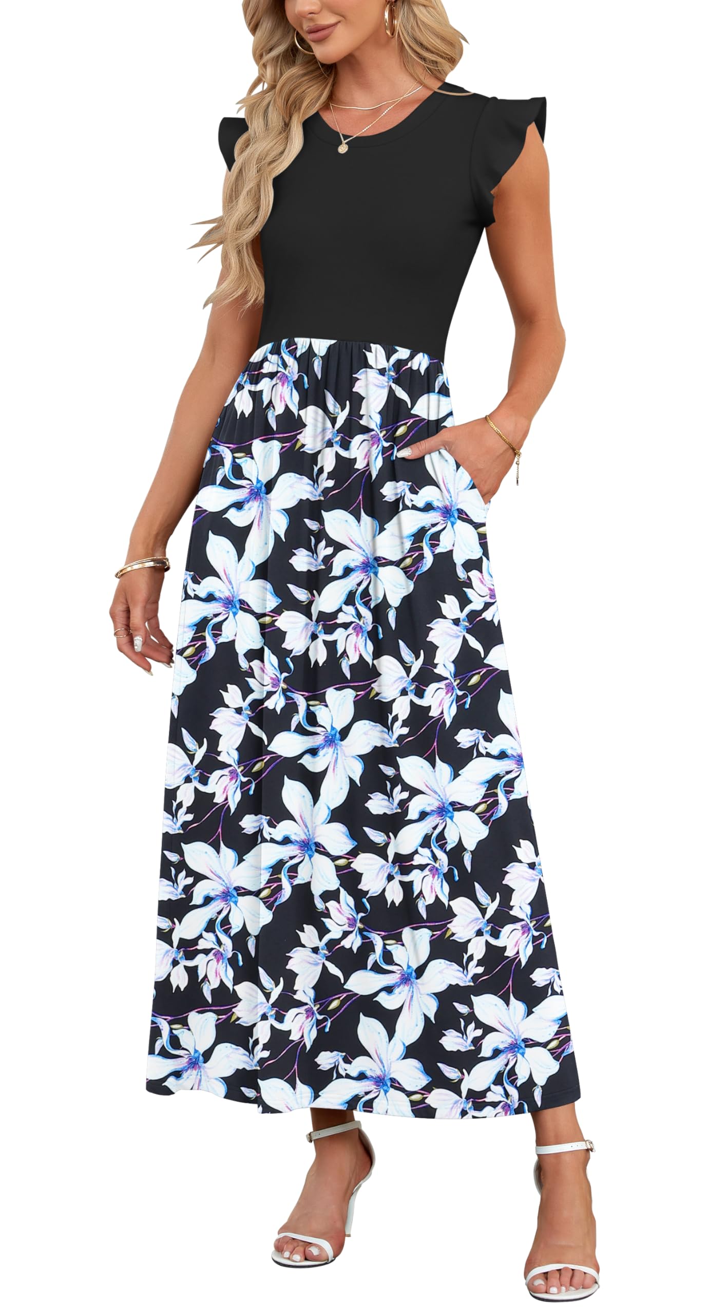 AUSELILY Damen Sommer Rundhalsausschnitt Maxi Kleid mit Taschen Kurzarm und Rüschen Lässiges Hohe Taille Langes Lockeres Bodenlanger Rock