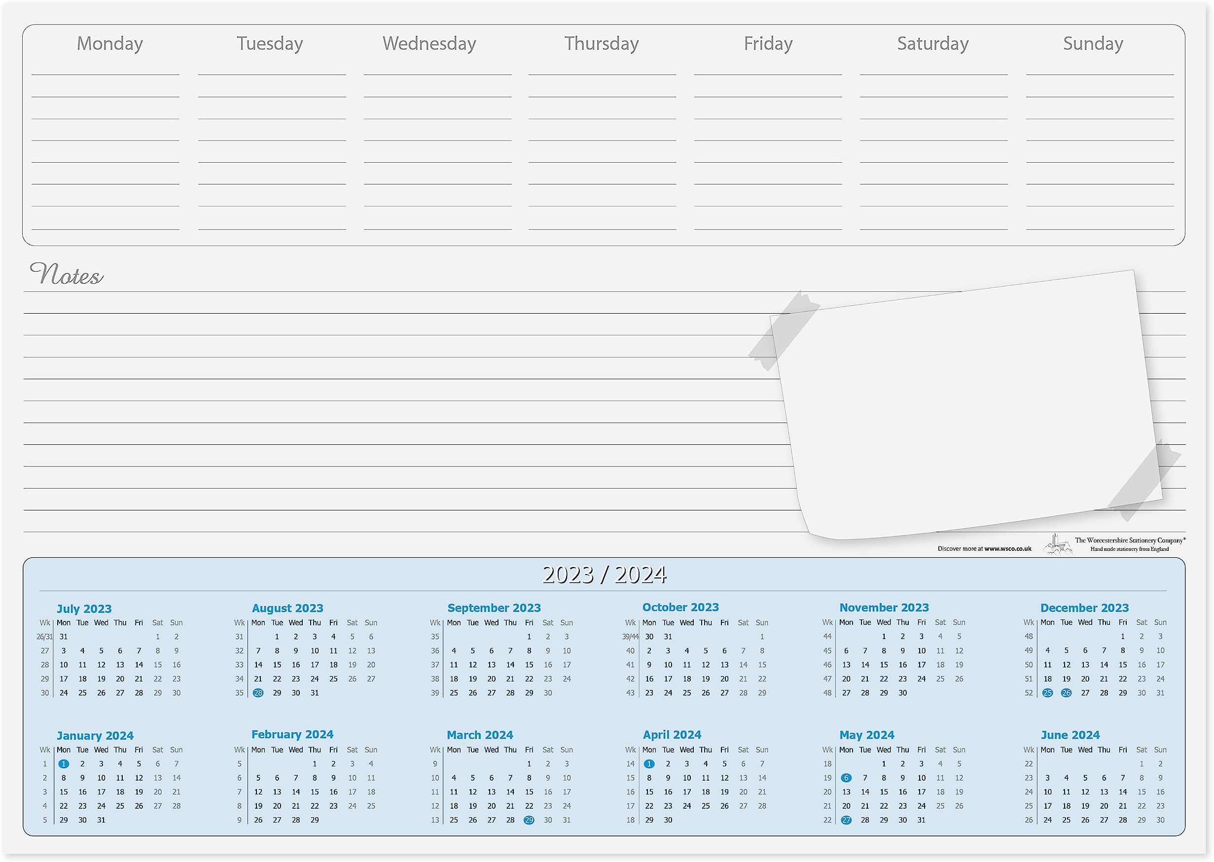A3 (mid year) calendar desk pad, 2023-2024, 50 sheets per pad with days of the week