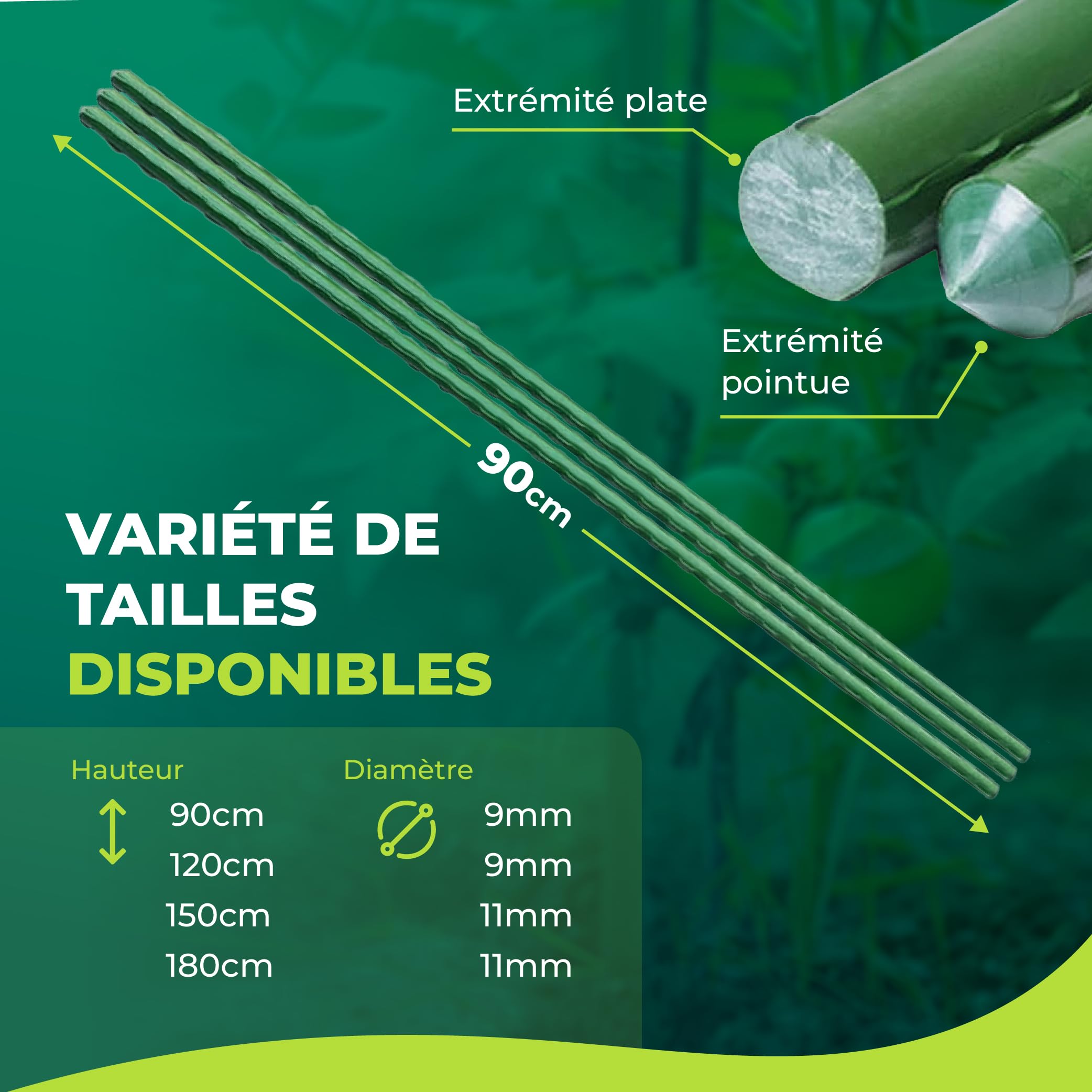 CONTROL GARDEN Lot de 100 tuteurs en acier plastifié pour plantes 90 cm Ø 9 mm | Bâtons de croissance pour plantes | Support de culture adapté à l'intérieur et à l'extérieur (100)