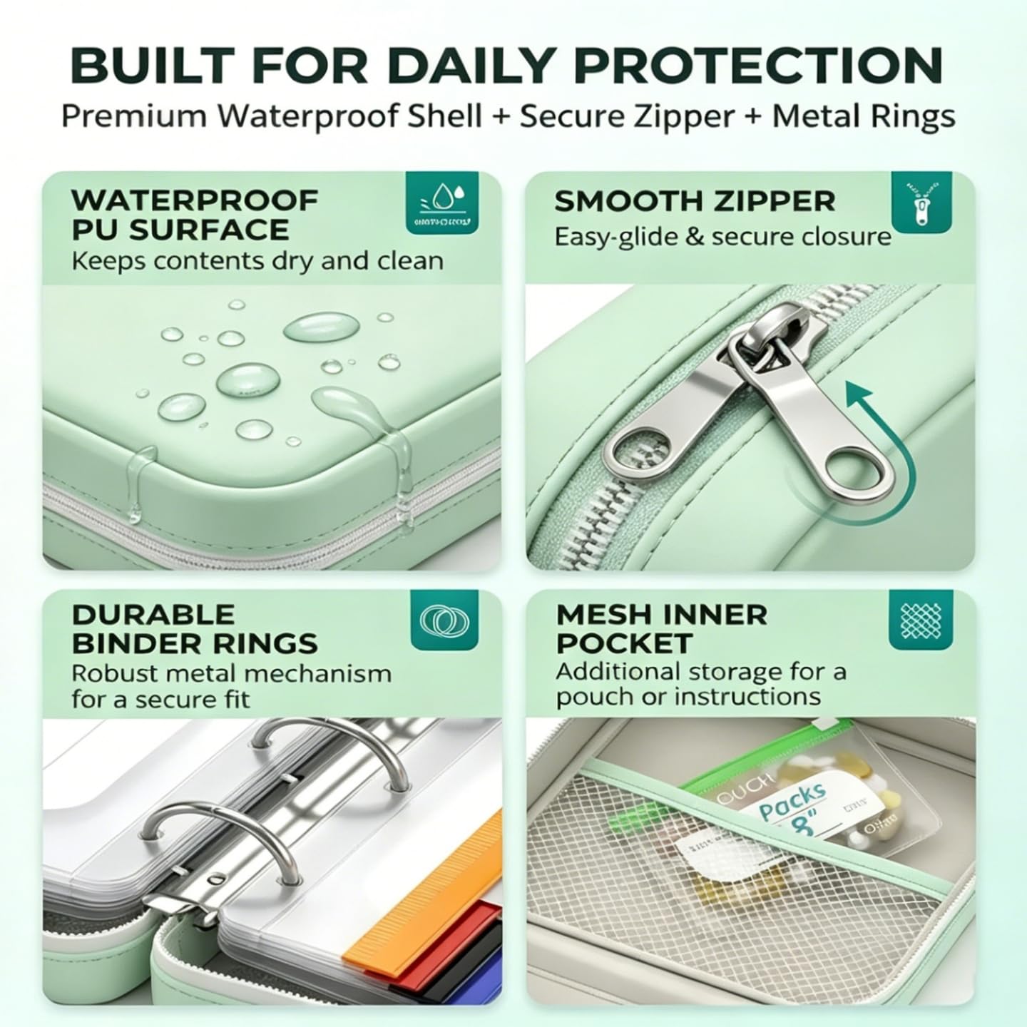 Ensemble de piluliers étanches A8 – Organiseur hebdomadaire étanche avec 14 pochettes à code couleur, organiseur de médicaments de voyage de style classeur pour vitamines, huiles de poisson (vert)