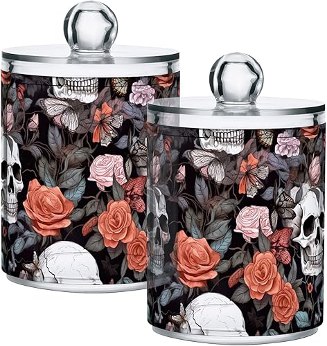 Roses - Paquete de 2 tarros de plástico transparente para boticario, diseño de calaveras de Halloween, para toallas de algodón, bolas de algodón,