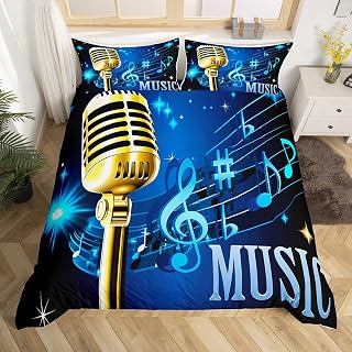 Erosebridal Hipster Comforter Cover Teens Rock Music Theme Duvet Cover Musical Notes Line Spectrum Bedding Set for Kids Boys Girls Instruments Microphone Quilt Cover, Full Size, Blue and Golden