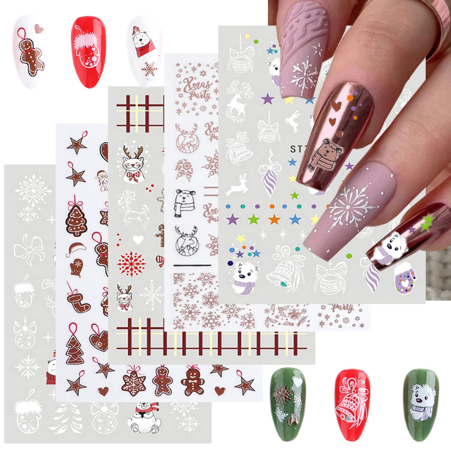 5 Sheets Christmas Nail Art Stickers Snowflake Nail Design