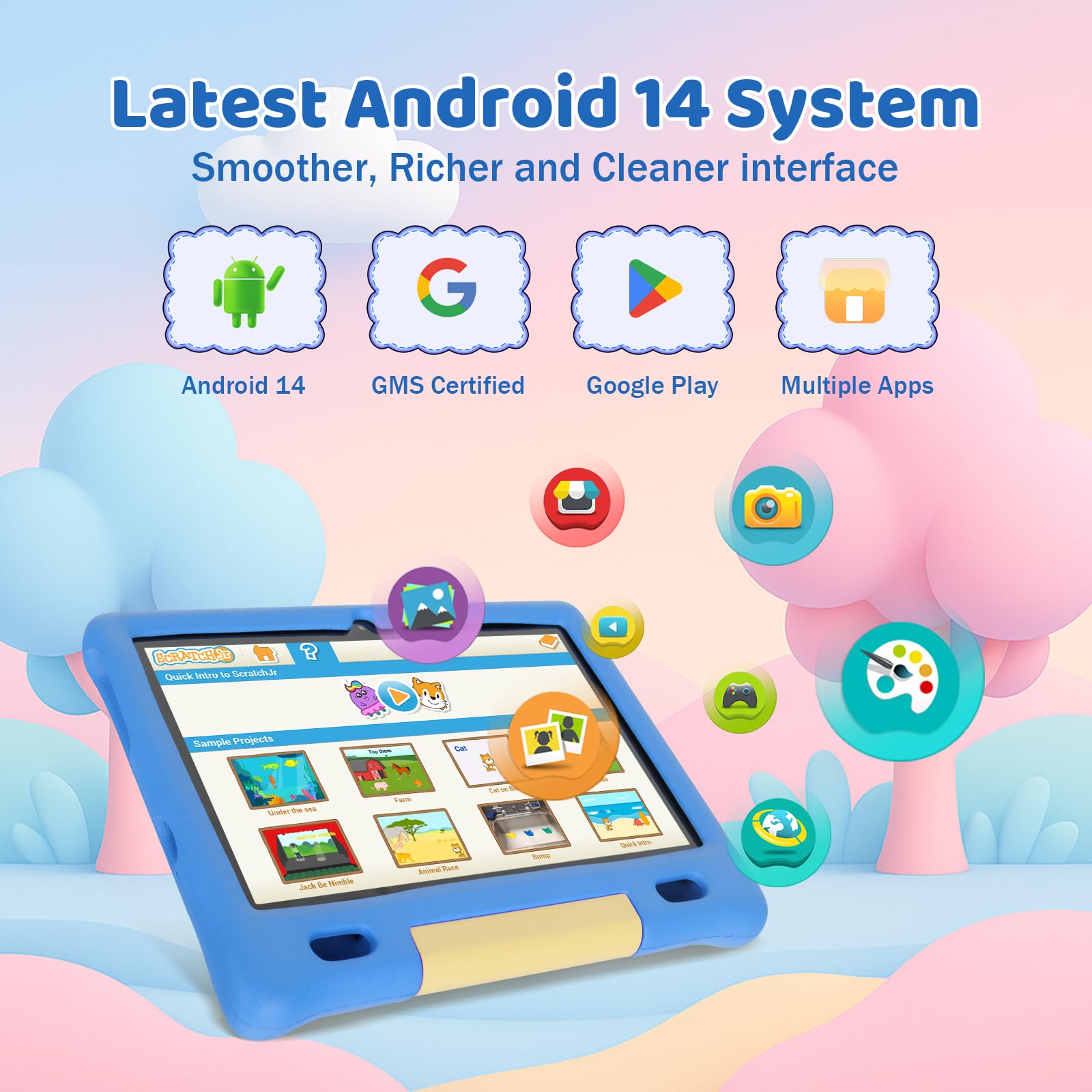 Gleeso Tablet Bambini | Android Tablet per Bambini 10 Pollici, Kids Tablet con Octa-Core | 128GB+1TB TF | Controllo Parentale | 8MP Fotocamera | WiFi 6/BT 5.3, Tablet con Custodia Protettiva - Blu - 3