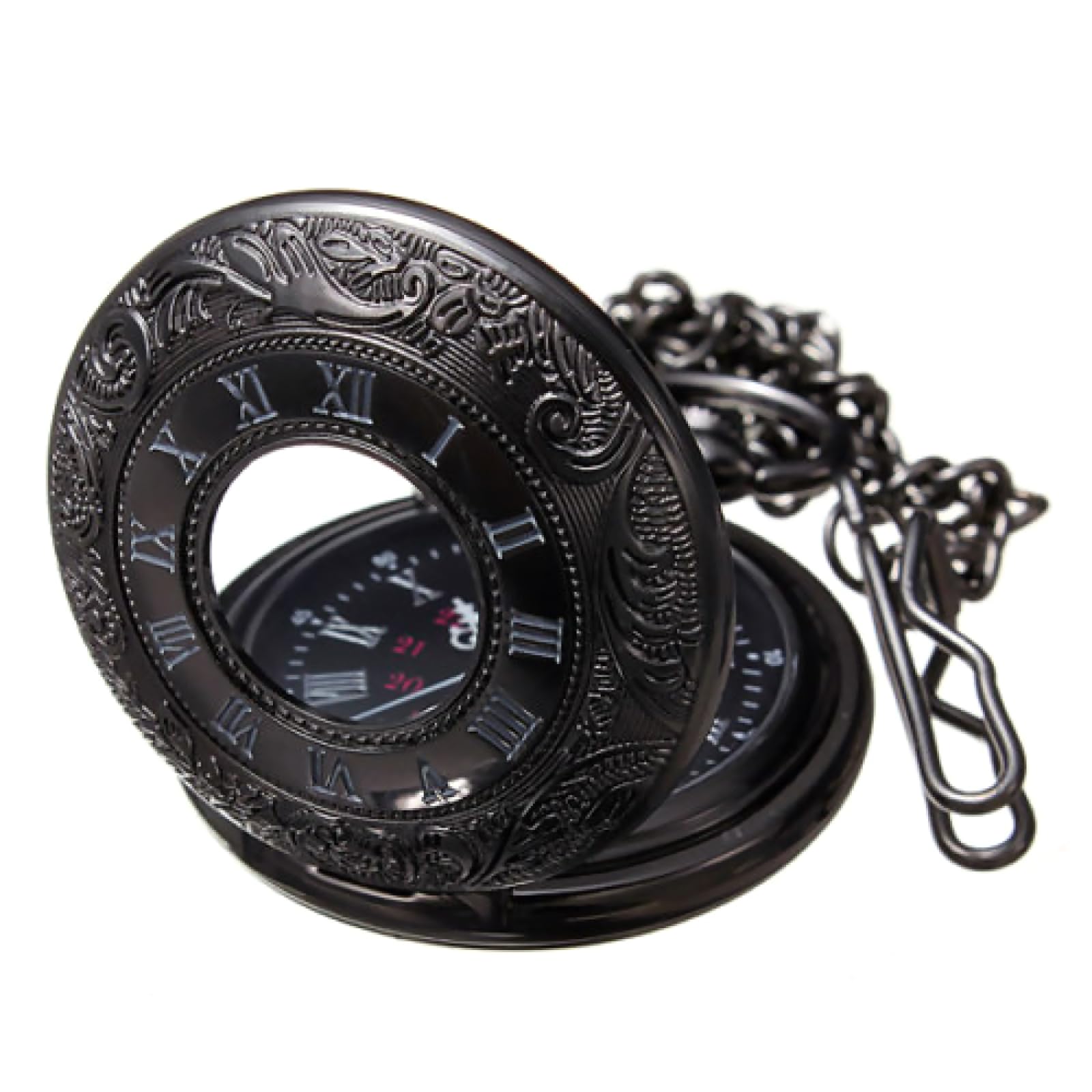 Czarny, unisex, modny zegarek kieszonkowy steampunk z rzymskimi cyframi, damski naszyjnik wisiorkiem i łańcuszkiem, prezent