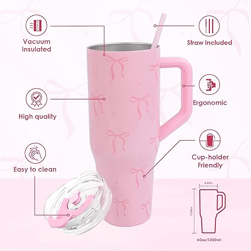 Miniatura 9 de Tamarac Vaso de 40 onzas con asa y tapa con popote, botella de agua reutilizable de acero inoxidable con aislamiento al vacío de doble pared, taza