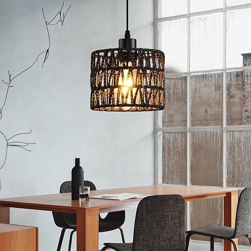 Miniatura 7 de Lámpara colgante tejida estilo bohemio, luces colgantes de ratán, isla de cocina, iluminación colgante de granja con pantalla de mimbre tejida a