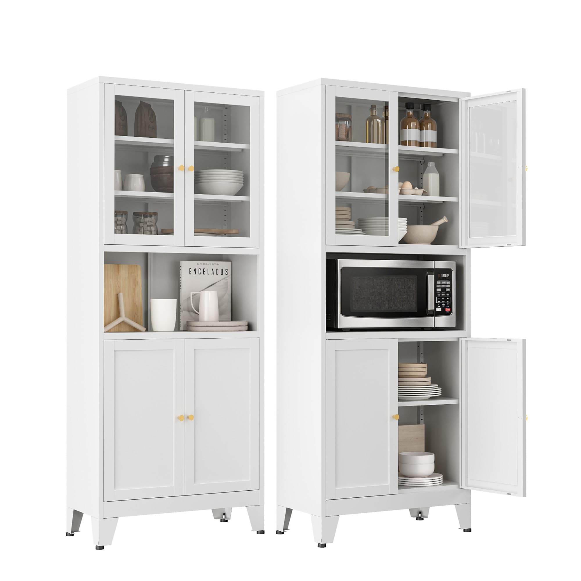69" Tall Pantry Cabinet with Open Shelf,13.78“Deep By 28" Wide Storage Cabinet with Glass Doors and Adjustable Shelves,Microwave Stand,for Kitchen Dining Room Bathroom,White,1Pc
