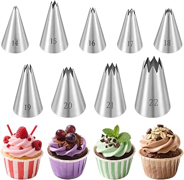 Open Star Piping Tips Set, 9 Piece Stainless Steel Star Piping Tips Set French Stars Tube Frosting Nozzle Kit Stars Pastry Tip for Cakes Cupcakes Cookies Decorating, Small Size 14-22