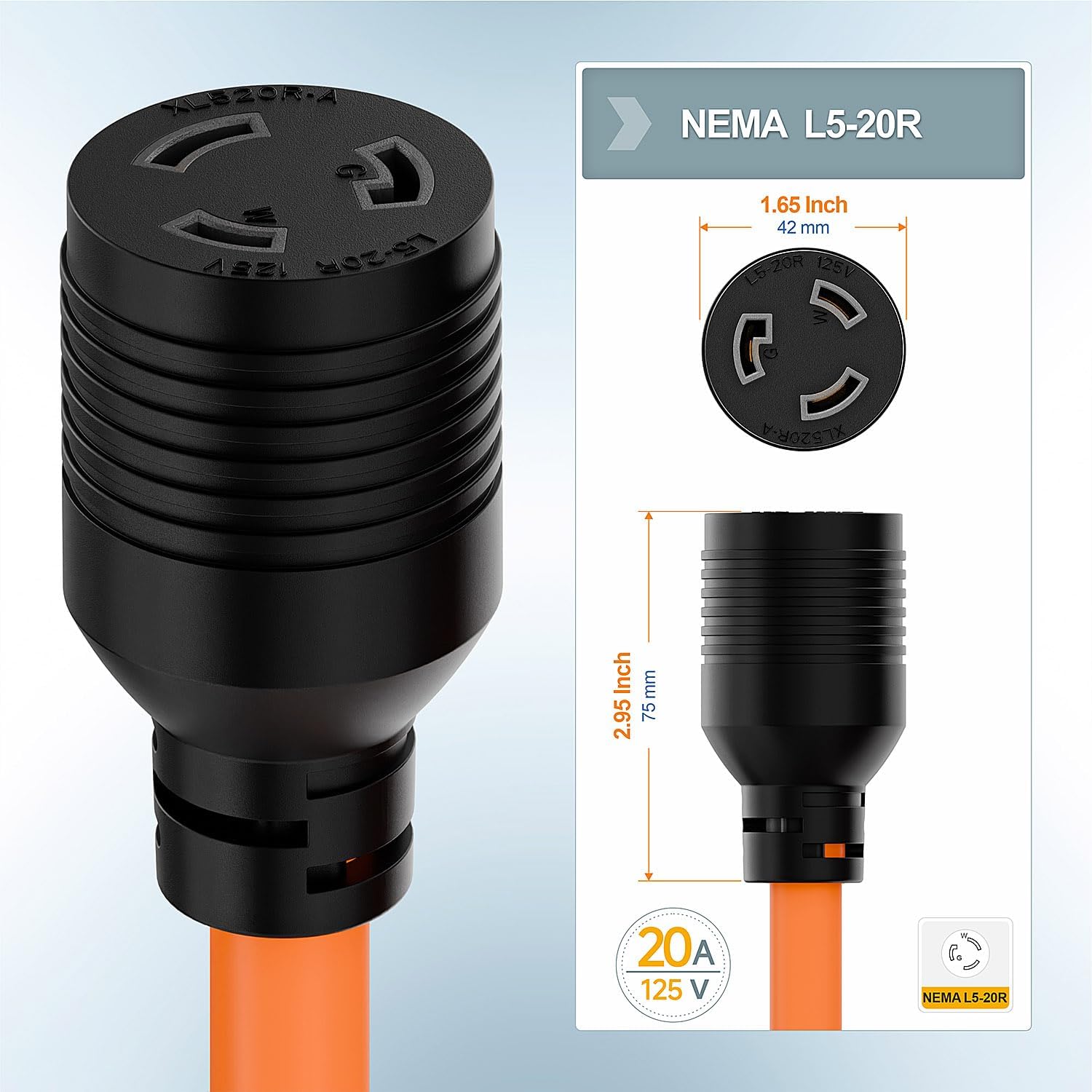 1FT 12-AWG Nema 5-15P to L5-20R Adapter,15-Amp 125V Household Plug to 20A 125V L5-20R Locking Industry Degree Female Receptacle Cord