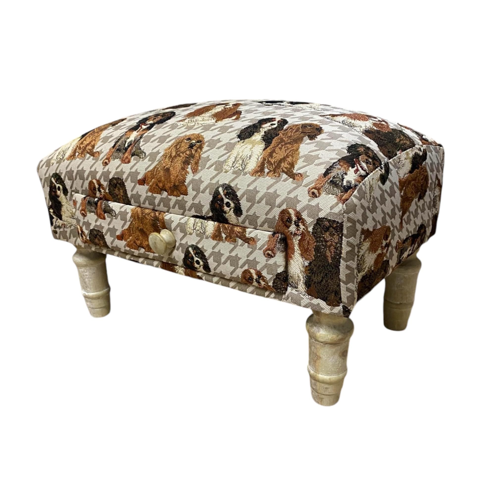Acaciahome Dog Fabric Stylish & Durable Tapestry Deluxe Upholstered Ottoman Footstool With Drawer - Solid Wood Lounge Padded Removable Legs Stool For Home, Bedroom, Living Space Or Office (Dog Fabric)