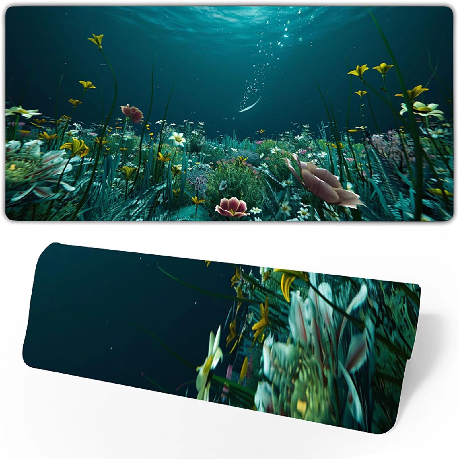 Zielona podkładka pod mysz z kwiatami XXL 1400 x 600 x 3 mm podkładka pod mysz do gier akcesoria biurowe, zmywalna, antypoślizgowa guma, wysoka precyzja i szybkość, pod biurko ręczne dla gracza Q-6-M
