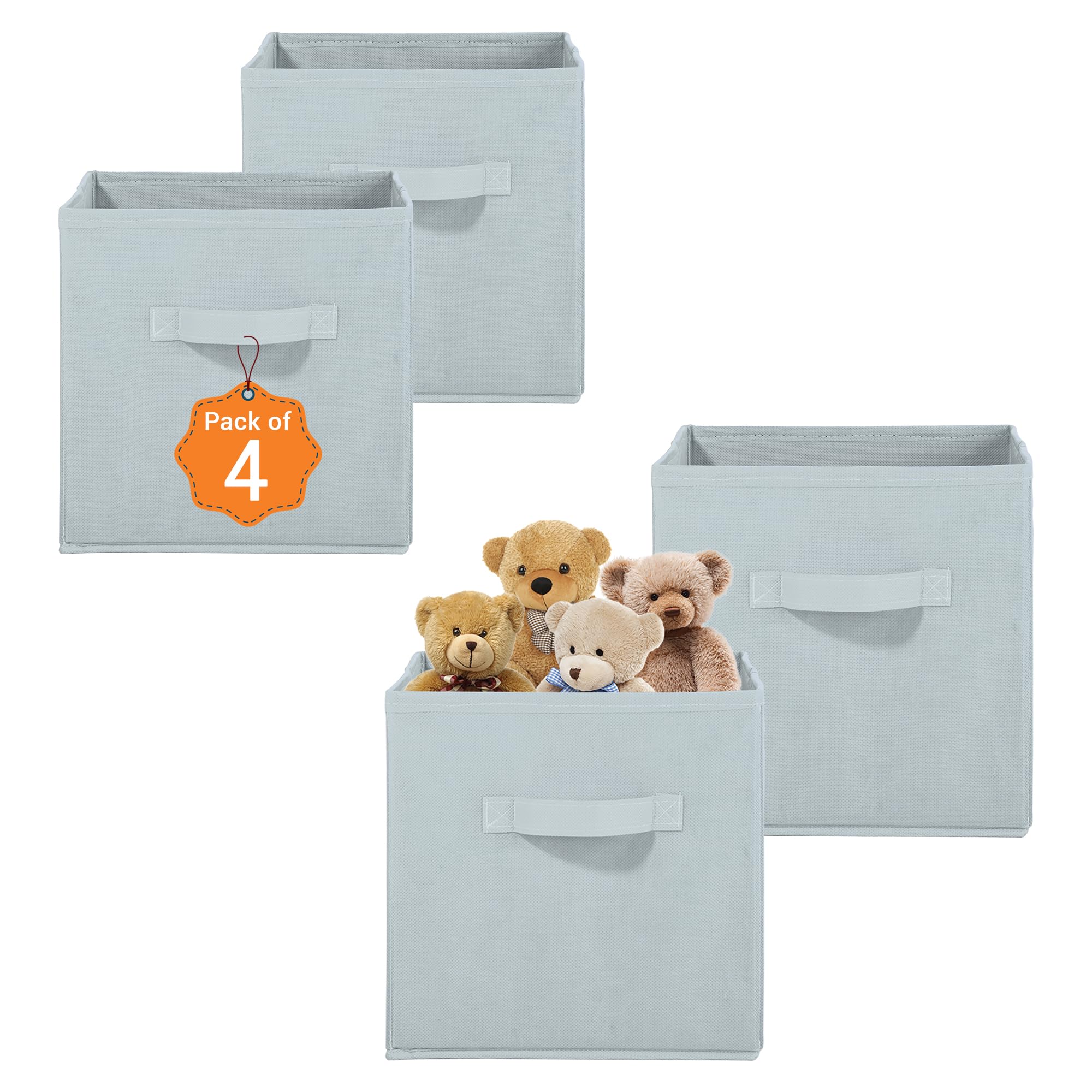 Kuber Industries 4 Stück Vliesstoff-Organizer für Aufbewahrungsbox, quadratisch, Kleider-Organizer für Spielzeug und Bücher, zusammenklappbar, Schrank-Schubladen-Organizer mit Griff, einfarbig, Grau