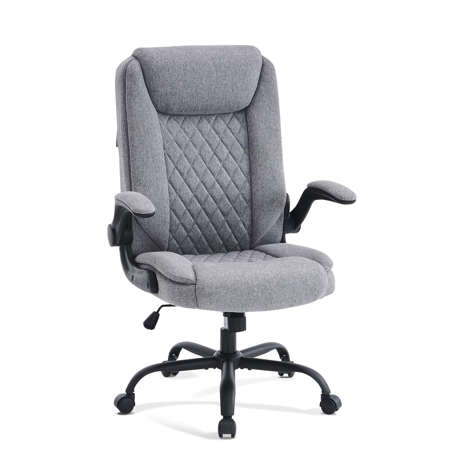 CASTLOVE Silla de oficina ergonómica con reposabrazos acolchados, plegable, ajuste de altura, función basculante y reposacabezas, cómoda para silla de oficina en casa, 150 kg, tela gris