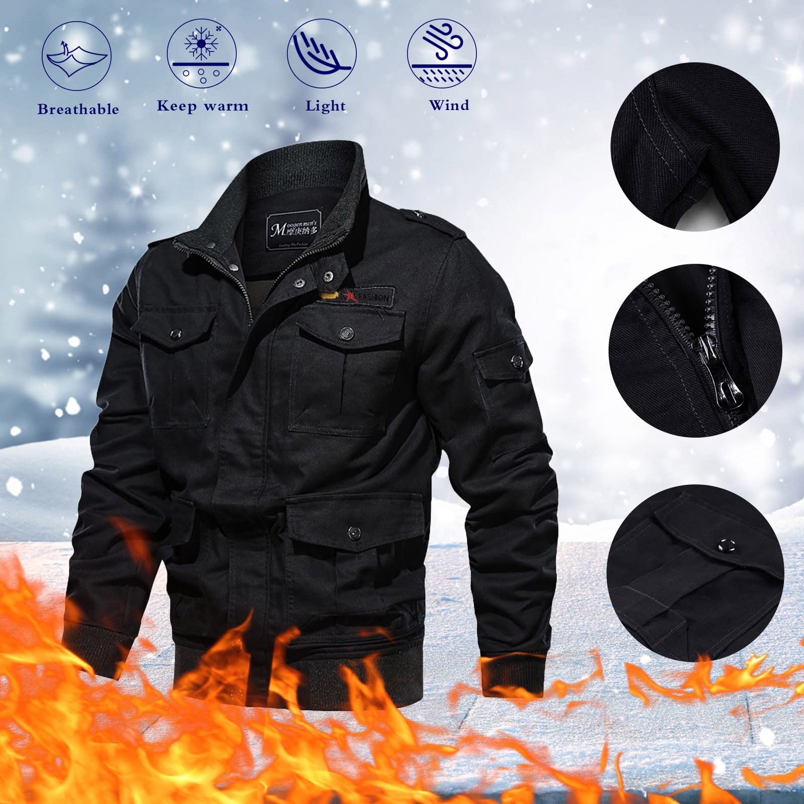 Herren Übergangsjacke Frühling Cargo Jacke Freizeitjacke mit Vielen Taschen Blouson Jacke Militär Armee Fliegerjacke Stehkragen Arbeitsjacke