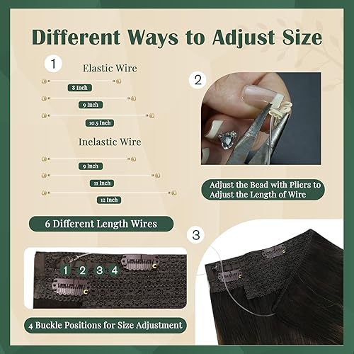 Miniatura 4 de Ugeat Extensiones de cabello humano real con alambre de pesca color marrón degradado, extensiones de cabello humano de color marrón oscuro a marrón