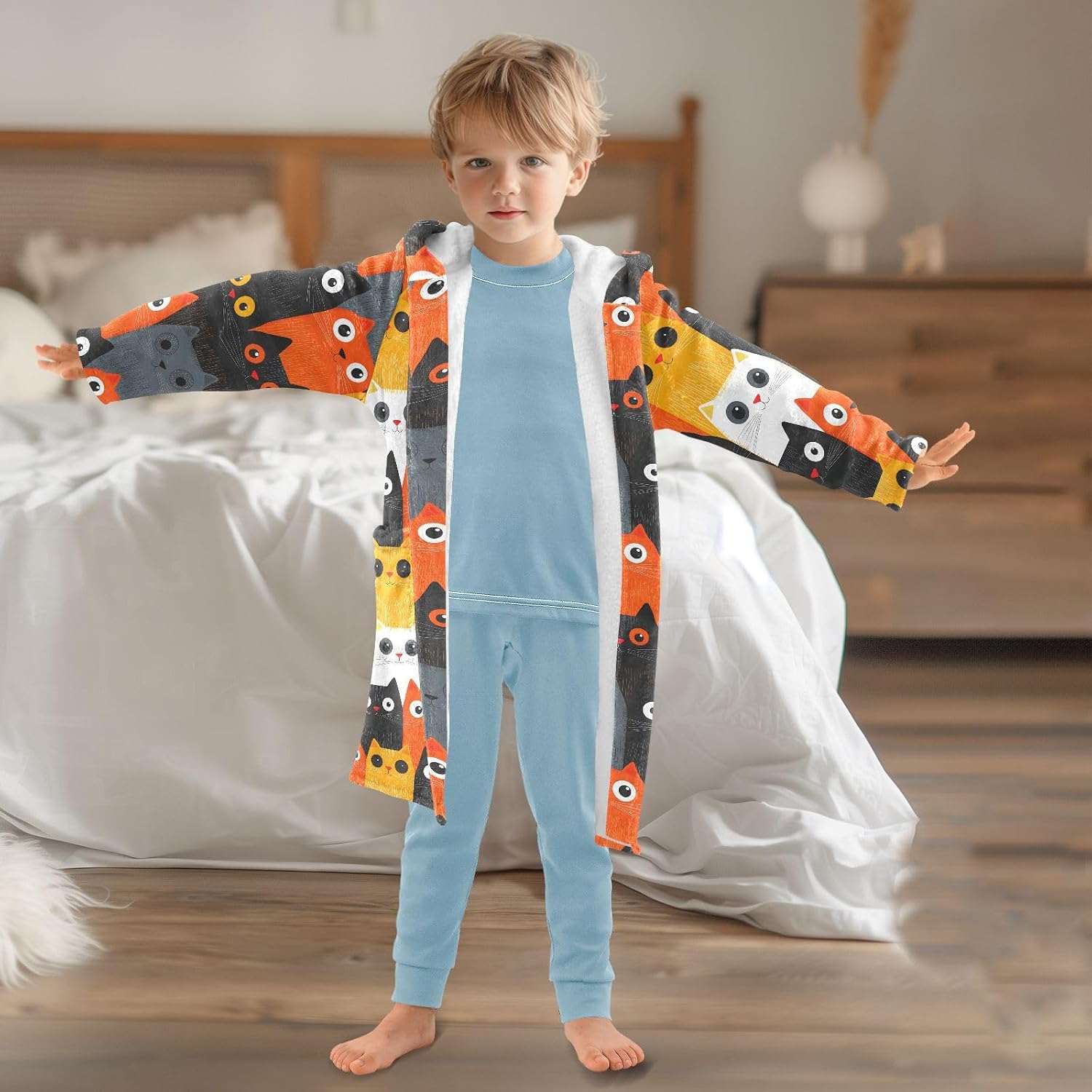 senya Colorful Cute Cat 4 Toddler Hooded Bathrobe Kids Soft Plush Bath Towel Robes for Boys Girls 2-12 Years