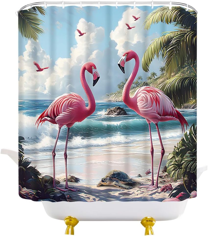Tropical Flamingo Ocean Beach Shower Curtain Palm Island Coastal Nature Scenery Landscape Fabric Bathroom Decor Curtain with Hooks, 86Wx70H