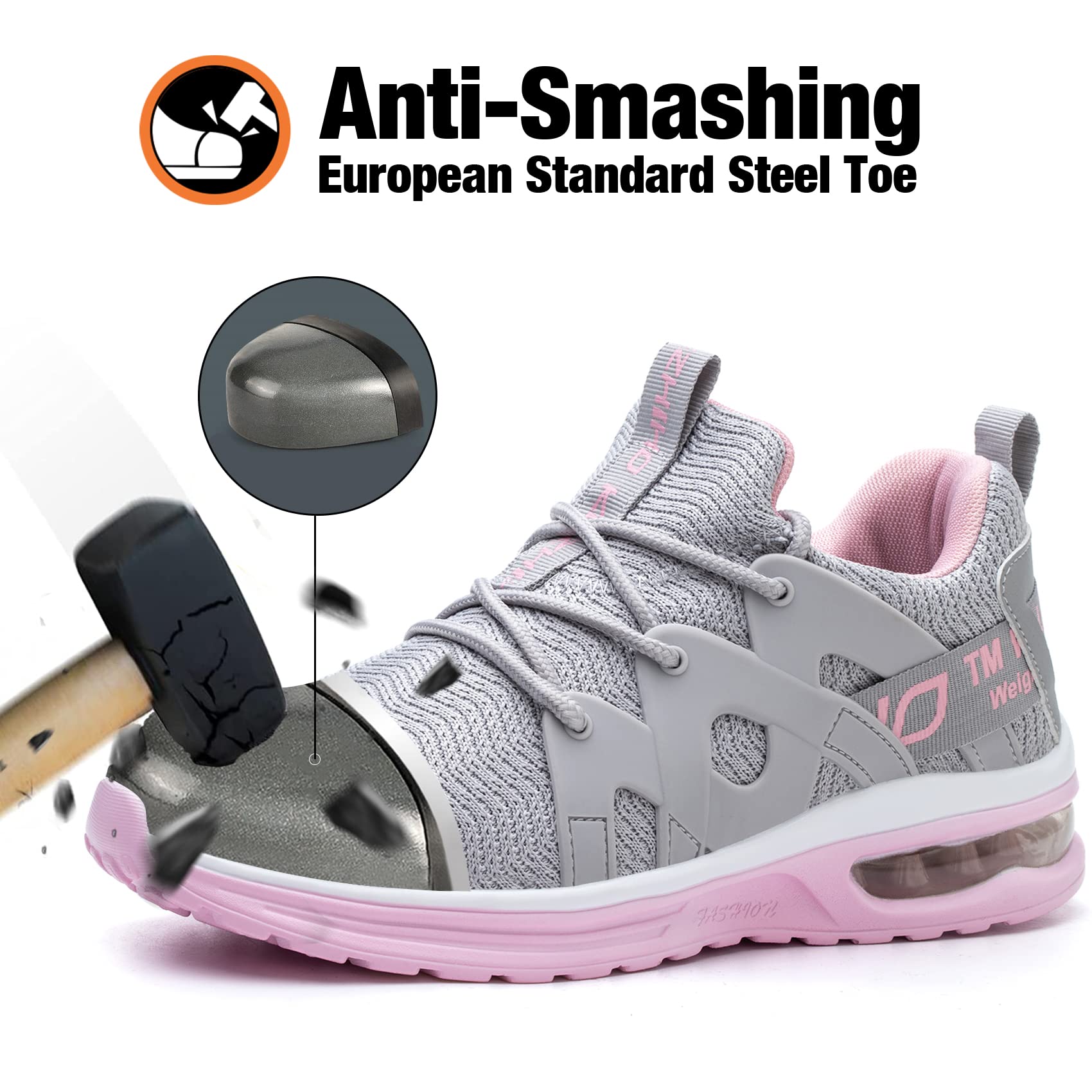 Kezhiho Steel Toe Shoes for Women Air Cushion Lightweight Work Shoes Comfortable Breathable Puncture Proof Slip Resistant Sneakers Indestructible Construction Industrial Safety Shoes (D0240443)