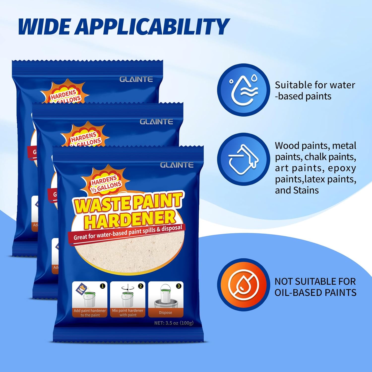 GLAINTE Waste Away Paint Hardener 12 Packs, 3.5oz - Fast Acting Solid Hardener - Drying Powder for Water-based Paint with 15 Pcs Wooden Stir Sticks