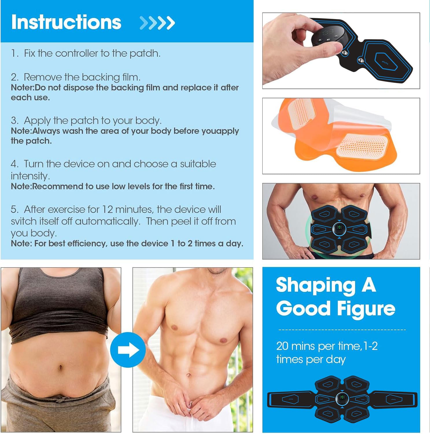 Elettrostimolatore per Addominali,Elettrostimolatore Muscolare Professionale,Elettrostimolatore Addominali, EMS Stimolatore Muscolare Addome/Braccio/Gambe/Waist/Glutei