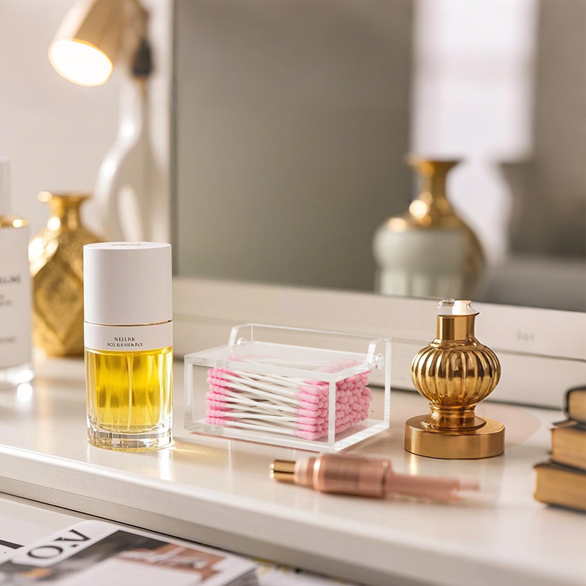 Portacotton fioc in acrilico di alta qualità con coperchio, dispenser per filo interdentale, custodia per cosmetici, decorazione per la casa e il bagno, mantiene i tamponi di cotone puliti e