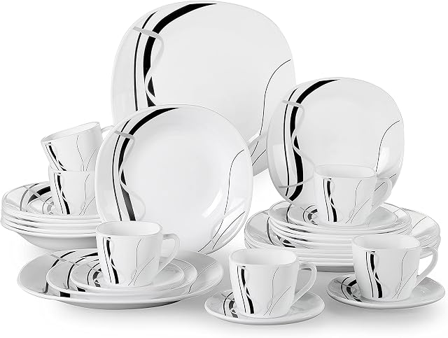 VEWEET 'Fionaglas' 30-Piece Dinner Set Ivory White Black Lines Opal Glassware China Ceramic Combination Sets with Dessert Plates/Soup Plates/Dinner Plates/Cups/Saucers Service for 6