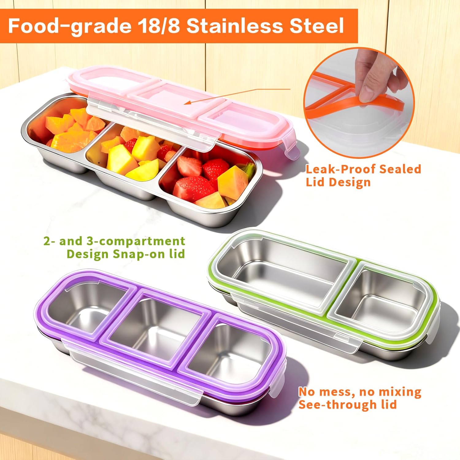 4 Pack Stainless Steel Lunch Containers for Adults, 304-Grade, 2-Compartments Snack Container & Lunch Box with Lids, Reusable Snap-on Lid Snack Containers Set, Meal Prep Lunch Box (24 oz / 700ml) - Image 4