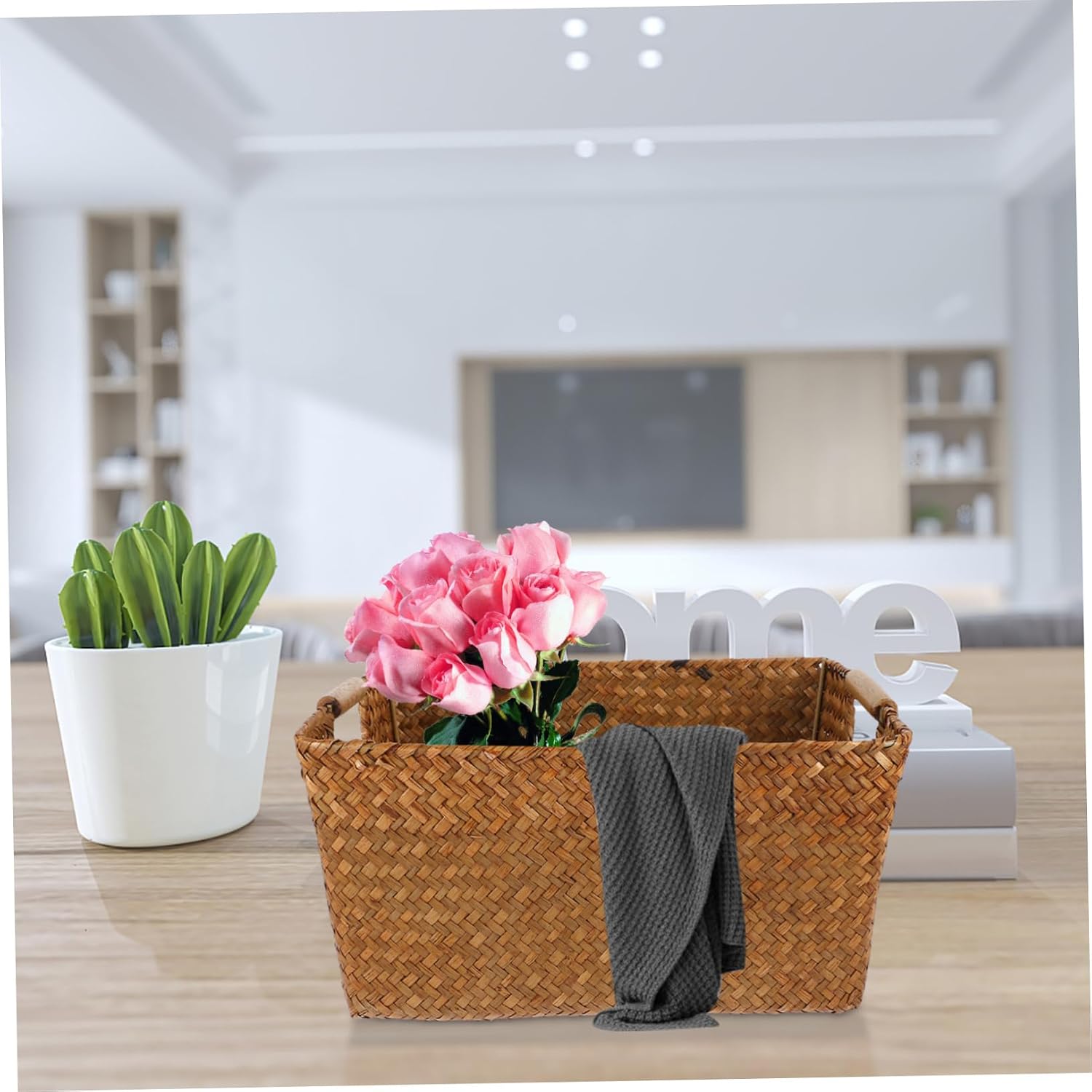 Woven Storage Basket with Wooden Handles Medium Rectangular Organizer for Home Office Sundries Container for Fruits Magazines More Stylish Desktop