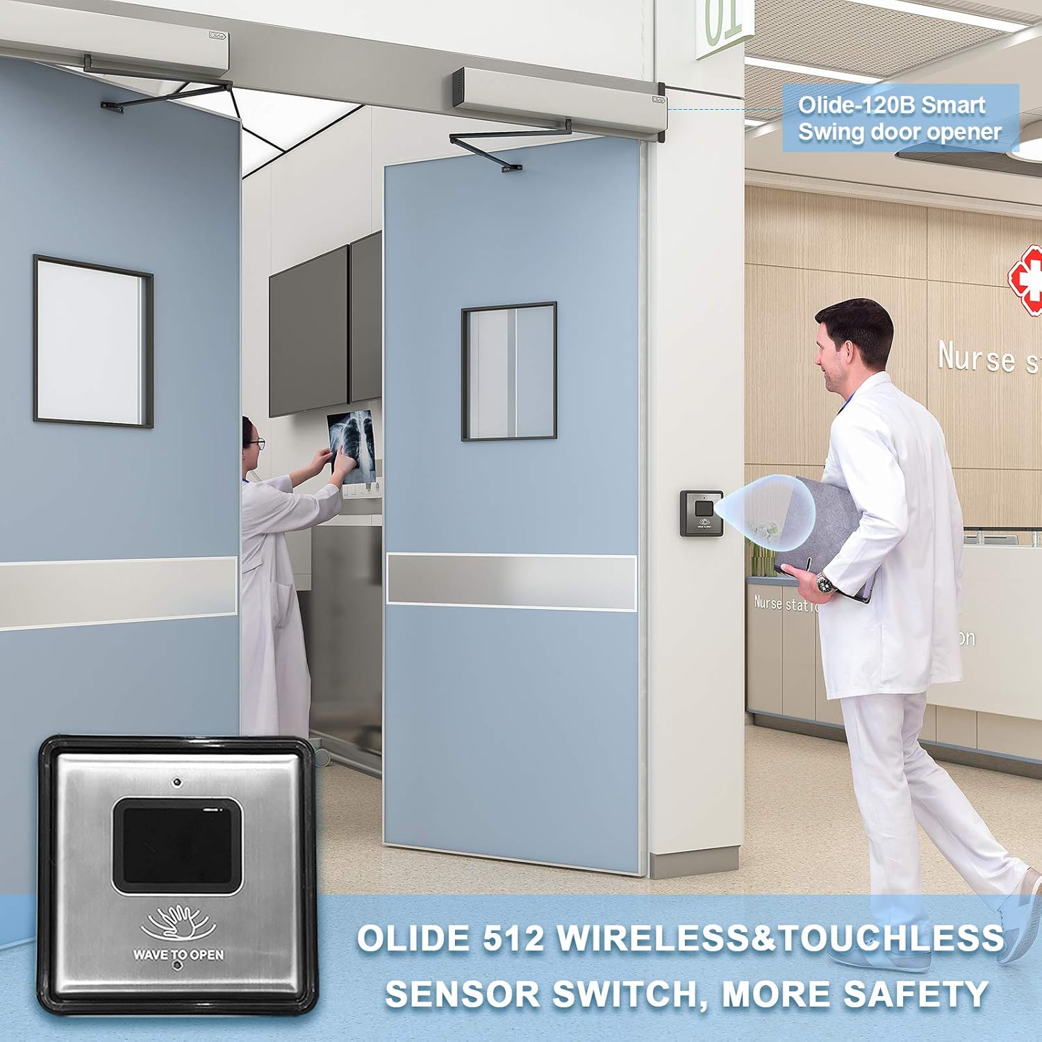 Olideauto Olide-120B Sensor Open Automatic Touchless Swing Door with 2pcs Olide-512 Touchless Wireless Wave to Open Switch